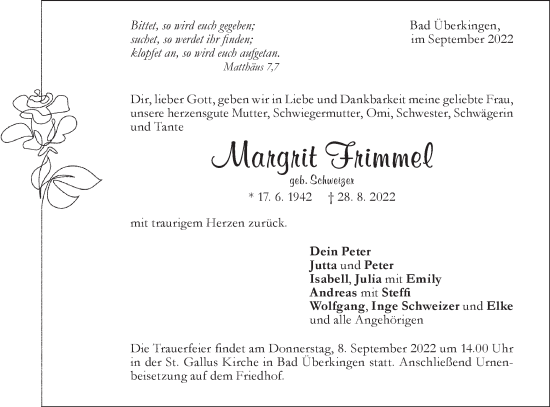 Traueranzeige von Margrit Frimmel von Geislinger Zeitung