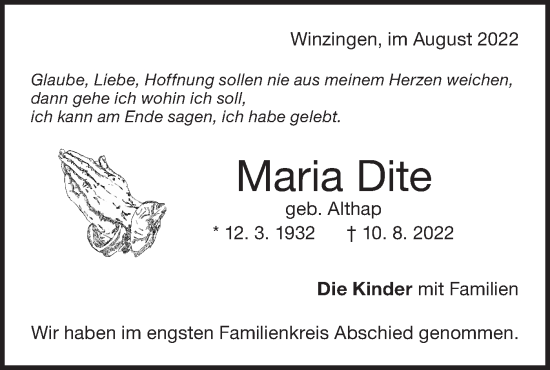 Traueranzeige von Maria Dite von NWZ Neue Württembergische Zeitung