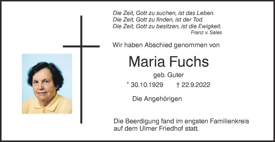 Traueranzeige von Maria Fuchs von SÜDWEST PRESSE Ausgabe Ulm/Neu-Ulm