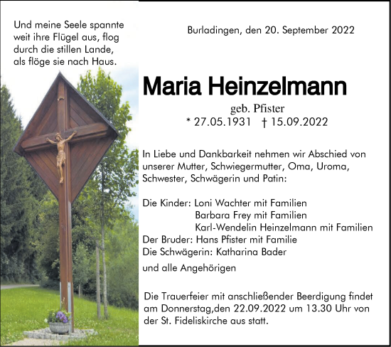 Traueranzeige von Maria Heinzelmann von Metzinger-Uracher Volksblatt