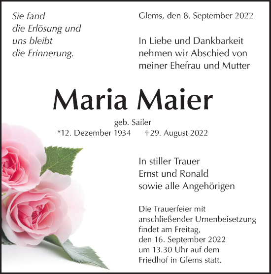 Traueranzeige von Maria Maier von Metzinger-Uracher Volksblatt