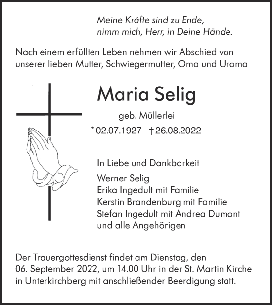 Traueranzeige von Maria Selig von SÜDWEST PRESSE Ausgabe Ulm/Neu-Ulm