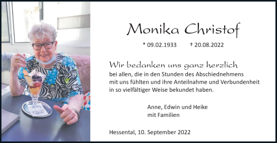 Traueranzeige von Monika Christof von Haller Tagblatt