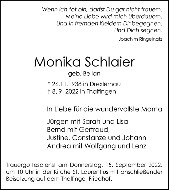 Traueranzeige von Monika Schlaier von SÜDWEST PRESSE Ausgabe Ulm/Neu-Ulm