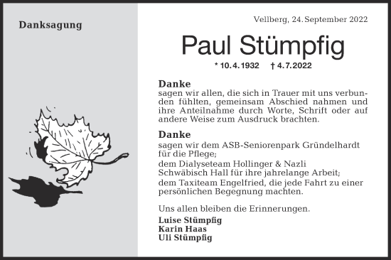 Traueranzeige von Paul Stümpfig von Haller Tagblatt