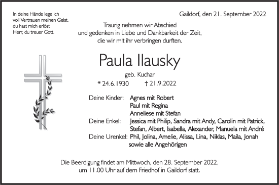 Traueranzeige von Paula Ilausky von Rundschau Gaildorf