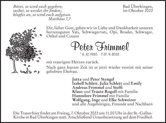 Traueranzeige von Peter Frimmel von Geislinger Zeitung