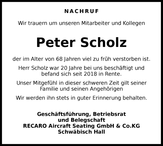 Traueranzeige von Peter Scholz von Haller Tagblatt