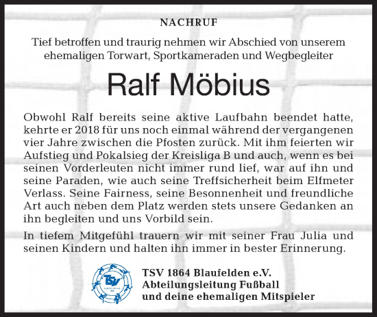 Traueranzeige von Ralf Möbius von Hohenloher Tagblatt