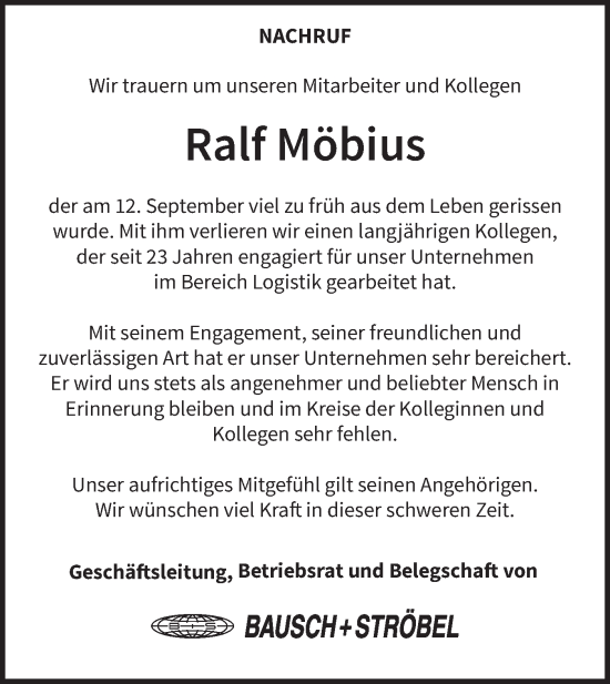 Traueranzeige von Ralf Möbius von Hohenloher Tagblatt