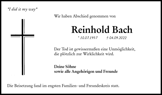 Traueranzeige von Reinhold Bach von Hohenloher Tagblatt