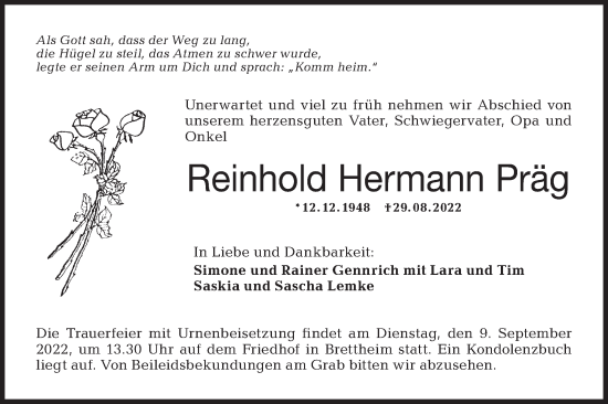 Traueranzeige von Reinhold Hermann Präg von Hohenloher Tagblatt