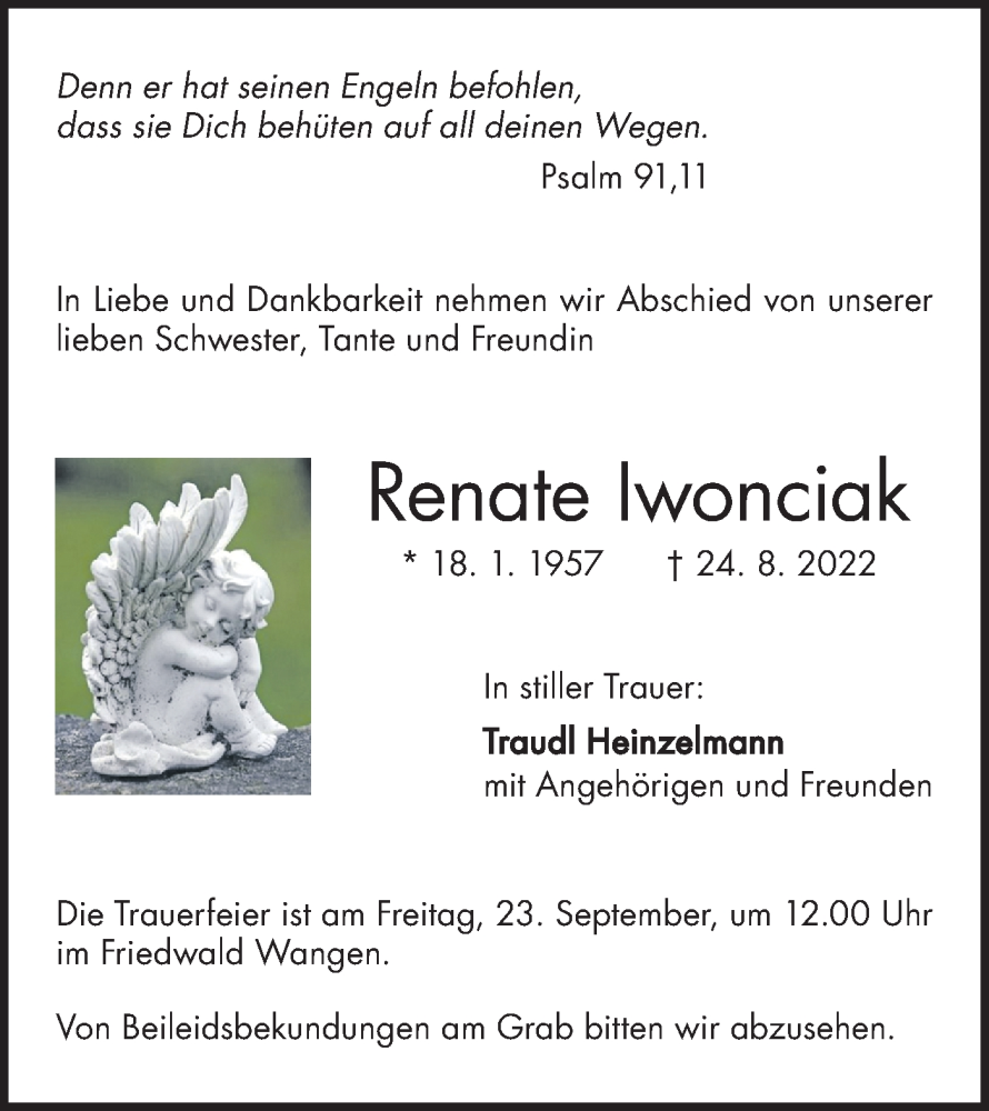  Traueranzeige für Renate Iwonciak vom 10.09.2022 aus NWZ Neue Württembergische Zeitung