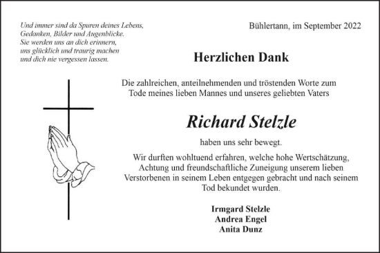 Traueranzeige von Richard Stelzle von Haller Tagblatt