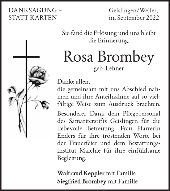 Traueranzeige von Rosa Brombey von Geislinger Zeitung