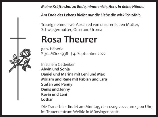 Traueranzeige von Rosa Theurer von Alb-Bote/Metzinger-Uracher Volksblatt