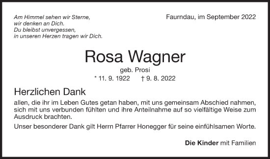 Traueranzeige von Rosa Wagner von NWZ Neue Württembergische Zeitung