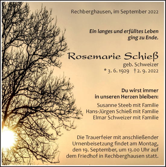 Traueranzeige von Rosemarie Schieß von NWZ Neue Württembergische Zeitung