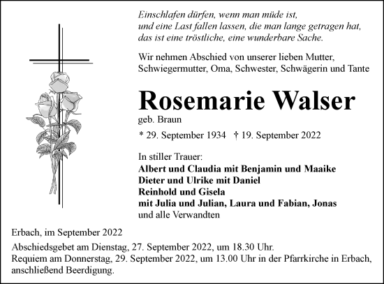 Traueranzeige von Rosemarie Walser von SÜDWEST PRESSE Ausgabe Ulm/Neu-Ulm