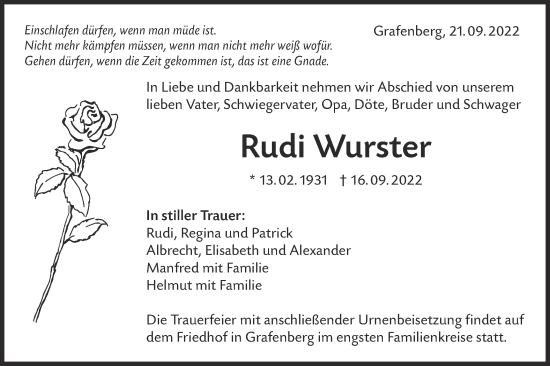 Traueranzeige von Rudi Wurster von Metzinger-Uracher Volksblatt