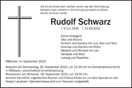 Traueranzeigen Von Rudolf Schwarz | Südwest Presse Trauer