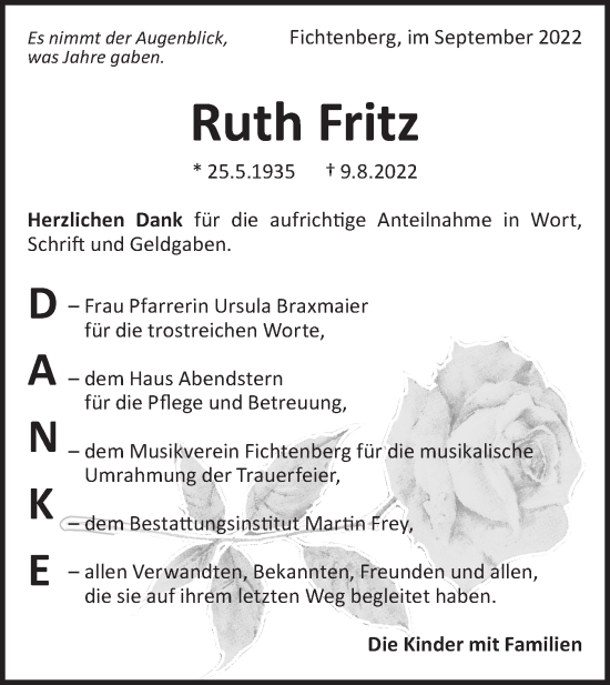 Traueranzeige von Ruth Fritz von Rundschau Gaildorf