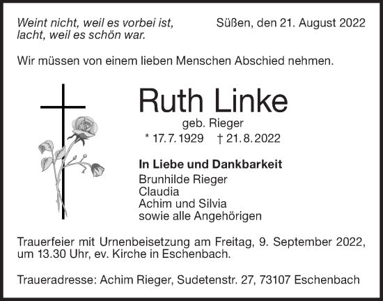 Traueranzeige von Ruth Linke von NWZ Neue Württembergische Zeitung