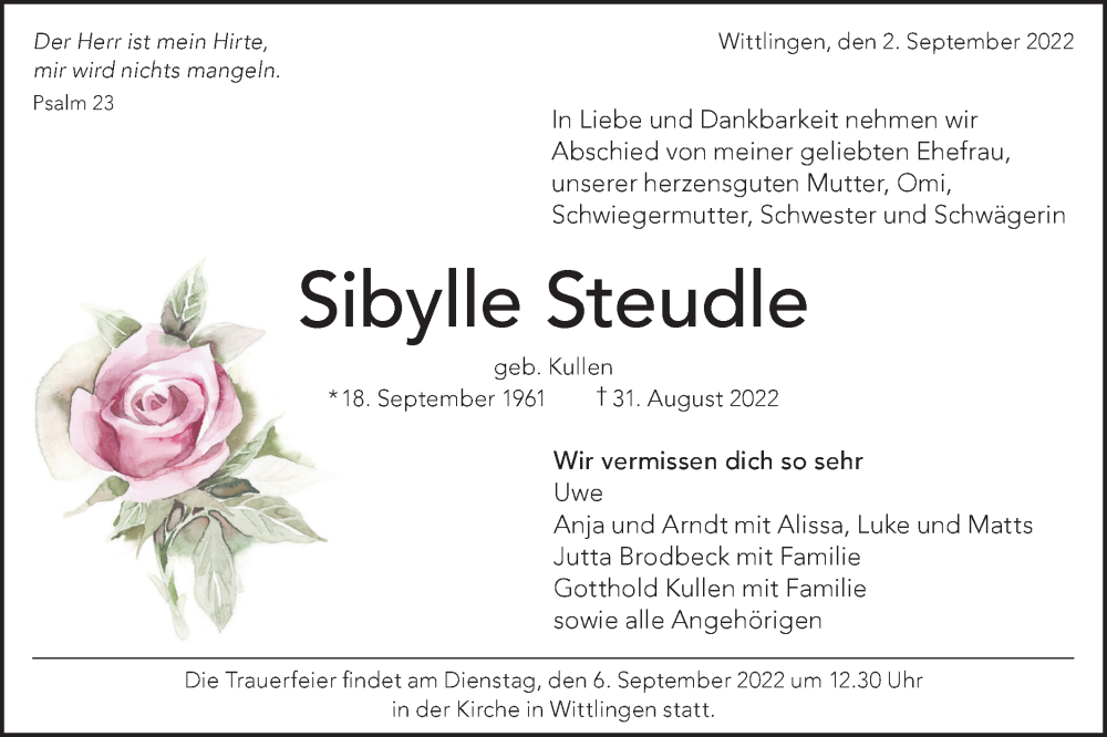  Traueranzeige für Sibylle Steudle vom 02.09.2022 aus Metzinger-Uracher Volksblatt