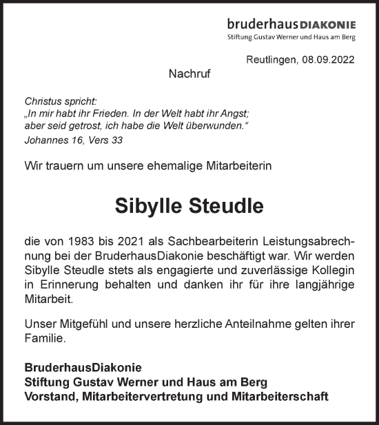 Traueranzeige von Sibylle Steudle von Metzinger-Uracher Volksblatt