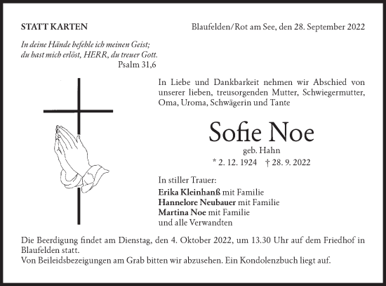 Traueranzeige von Sofie Noe von Hohenloher Tagblatt