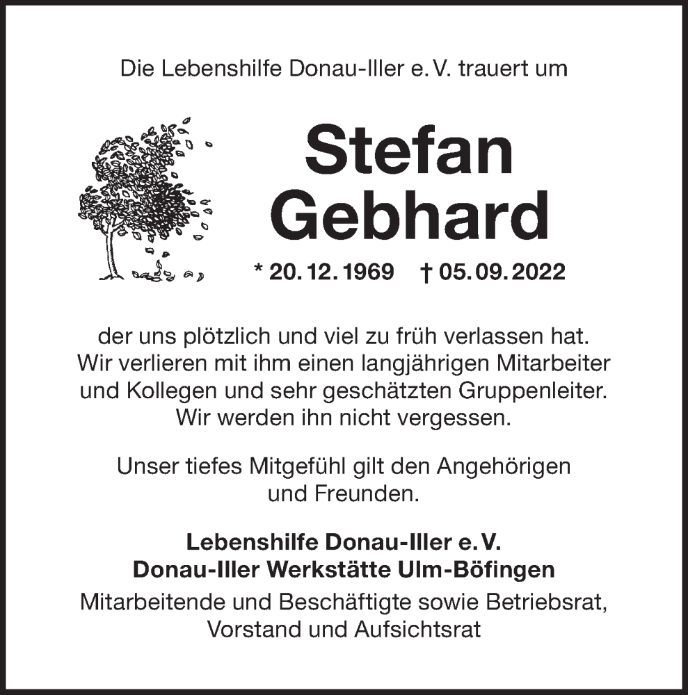  Traueranzeige für Stefan Gebhard vom 20.09.2022 aus SÜDWEST PRESSE Ausgabe Ulm/Neu-Ulm