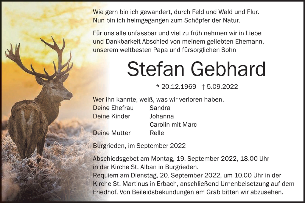  Traueranzeige für Stefan Gebhard vom 15.09.2022 aus SÜDWEST PRESSE Ausgabe Ulm/Neu-Ulm