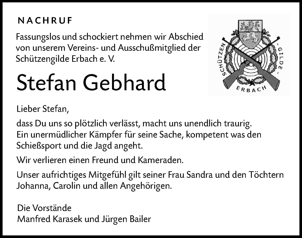  Traueranzeige für Stefan Gebhard vom 17.09.2022 aus SÜDWEST PRESSE Ausgabe Ulm/Neu-Ulm