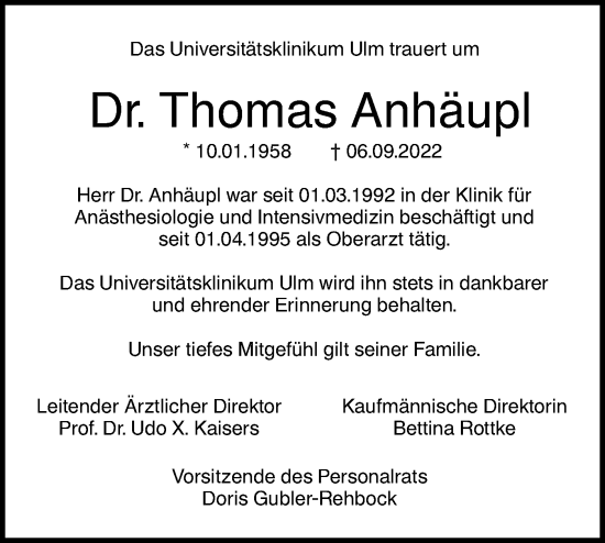 Traueranzeige von Thomas Anhäupl von SÜDWEST PRESSE Ausgabe Ulm/Neu-Ulm