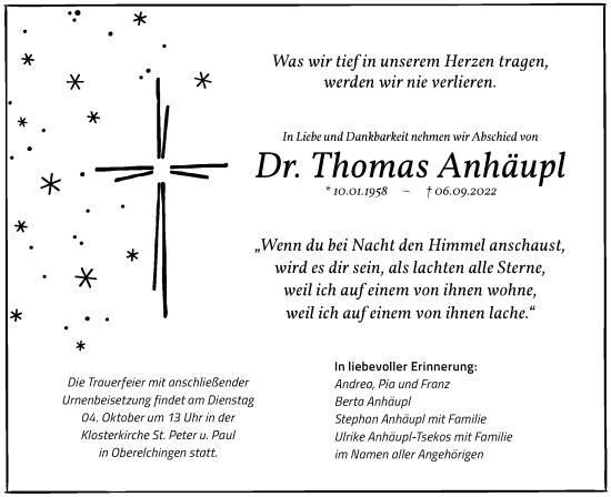 Traueranzeige von Thomas Anhäupl von SÜDWEST PRESSE Ausgabe Ulm/Neu-Ulm