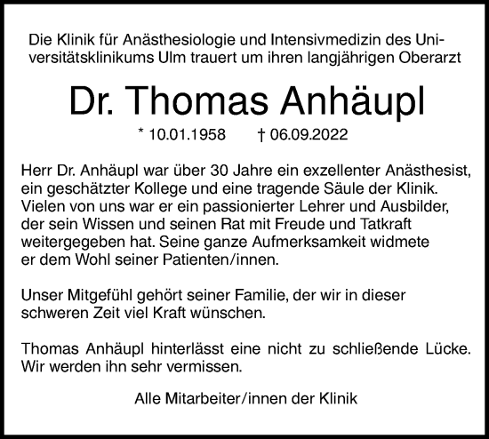 Traueranzeige von Thomas Anhäupl von SÜDWEST PRESSE Ausgabe Ulm/Neu-Ulm