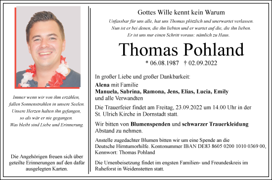 Traueranzeige von Thomas Pohland von SÜDWEST PRESSE Ausgabe Ulm/Neu-Ulm