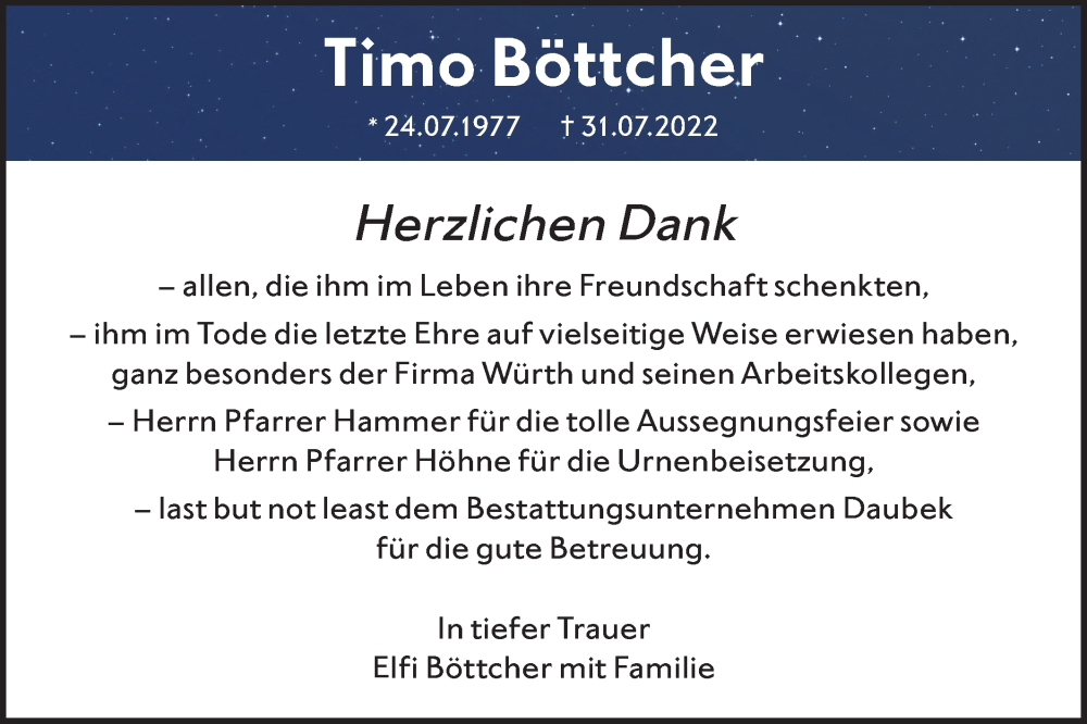  Traueranzeige für Timo Böttcher vom 03.09.2022 aus Hohenloher Tagblatt