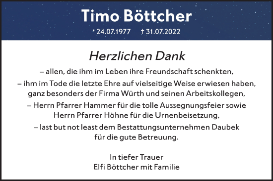 Traueranzeige von Timo Böttcher von Hohenloher Tagblatt