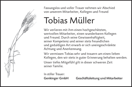 Traueranzeige von Tobias Müller von Alb-Bote/Metzinger-Uracher Volksblatt