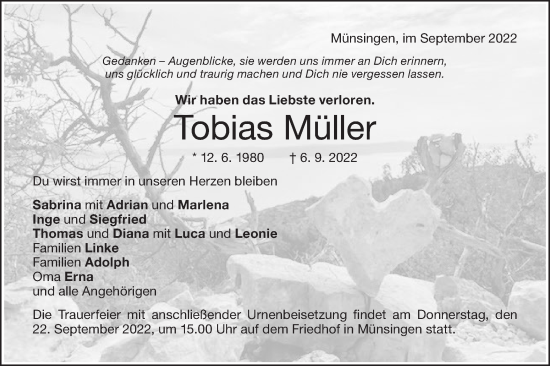 Traueranzeige von Tobias Müller von Alb-Bote/Metzinger-Uracher Volksblatt