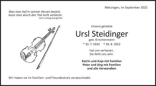 Traueranzeige von Ursl Steidinger von Metzinger-Uracher Volksblatt