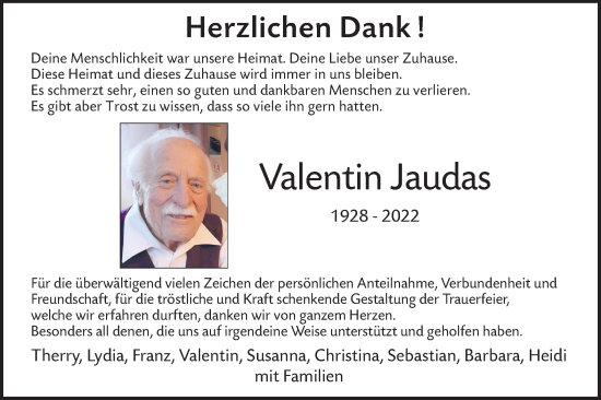 Traueranzeige von Valentin Jaudas von Alb-Bote/Metzinger-Uracher Volksblatt