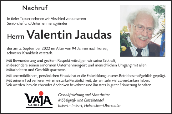 Traueranzeige von Valentin Jaudas von Alb-Bote/Metzinger-Uracher Volksblatt