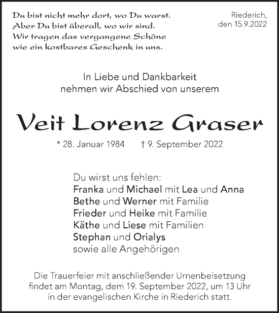 Traueranzeige von Veit Lorenz Graser von Metzinger-Uracher Volksblatt