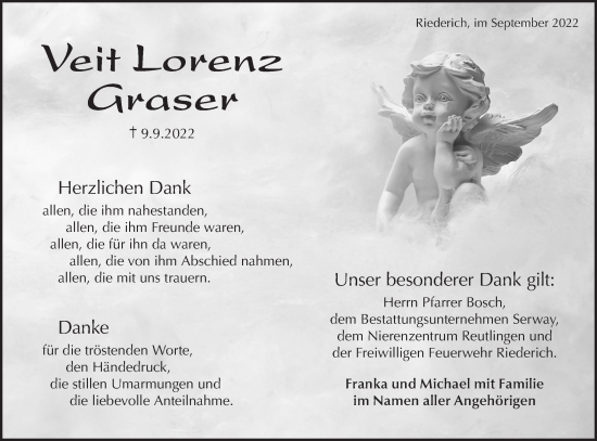 Traueranzeige von Veit Lorenz Graser von Metzinger-Uracher Volksblatt