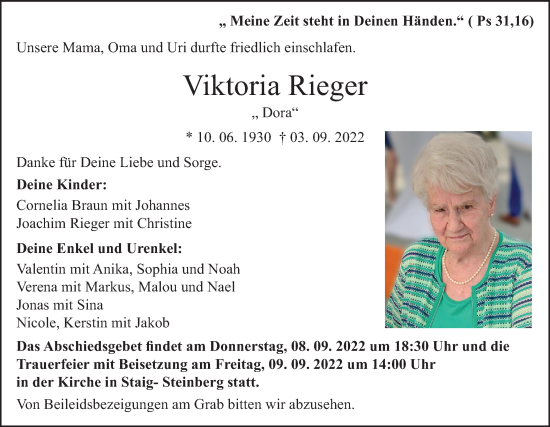 Traueranzeige von Viktoria Rieger von SÜDWEST PRESSE Ausgabe Ulm/Neu-Ulm