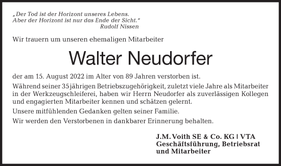 Traueranzeige von Walter Neudorfer von Hohenloher Tagblatt