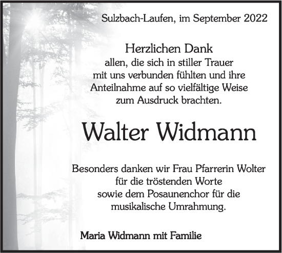 Traueranzeige von Walter Widmann von Rundschau Gaildorf