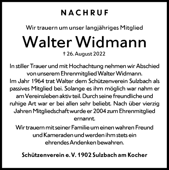 Traueranzeige von Walter Widmann von Rundschau Gaildorf